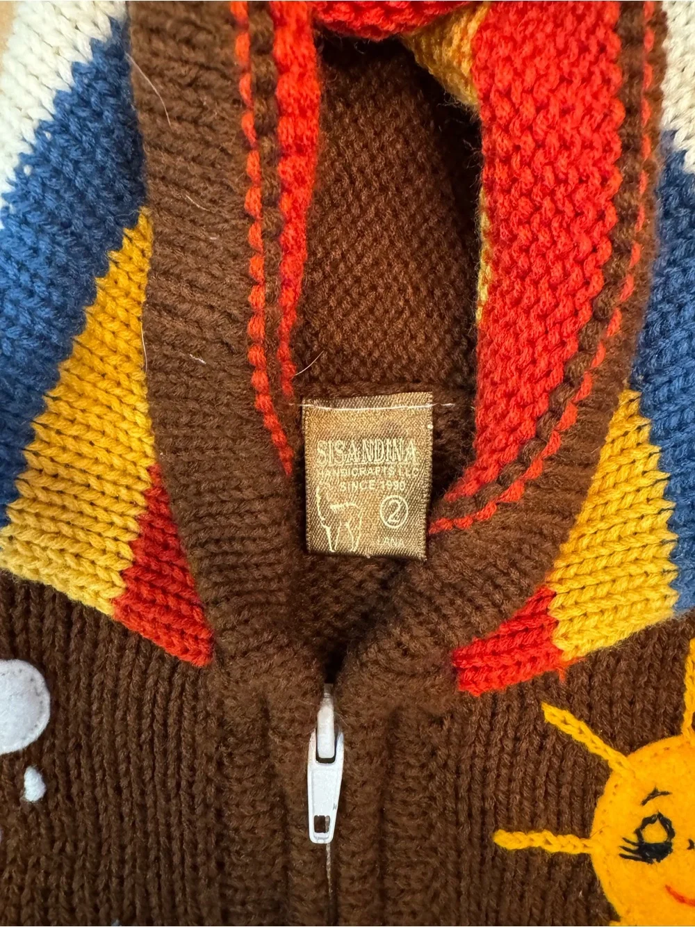 Wool toddler Brown Hooded Jacket with animal and rainbow accents
